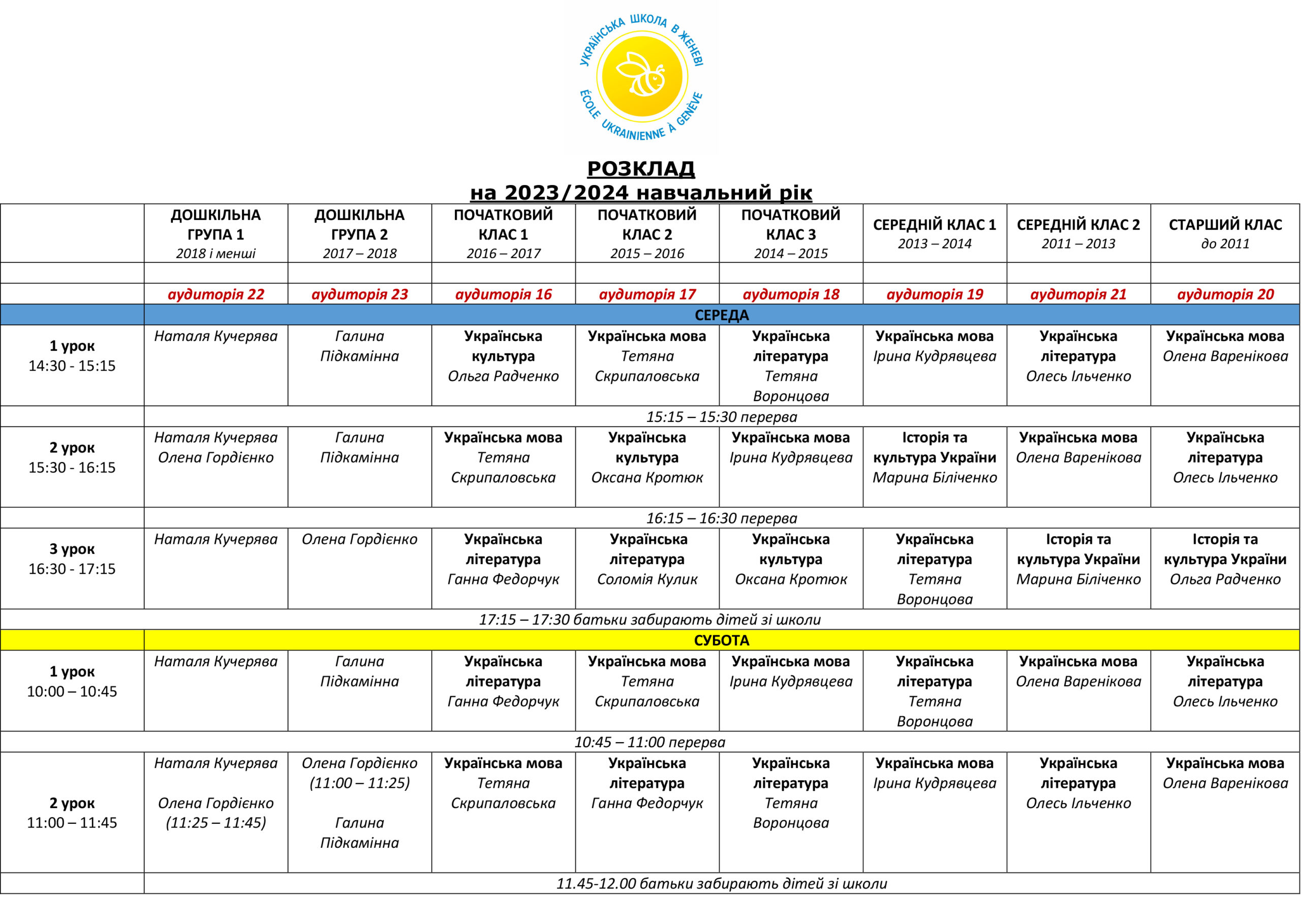 Розклад уроків 2023-2024